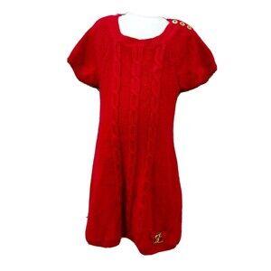 PellePelle Girls Sz 10 Sweater Dress Red Gold Cable Knit Holidays Short Sleeve